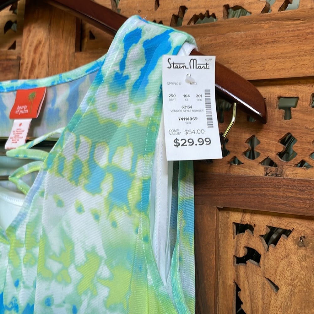 ❤️ NWT Hearts of Palm Blue and Green Tie Dye Front Tank Top w camisole lining - Picture 6 of 7